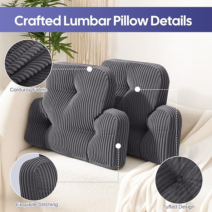 Lumbar Support Pillow for Recliner, Large Back Support Pillow for Office Chair, Tufted Corduroy Back Cushion for Elderly, Lower Back Pain Relief, Ideal for Sofa & Couch, Dark Grey