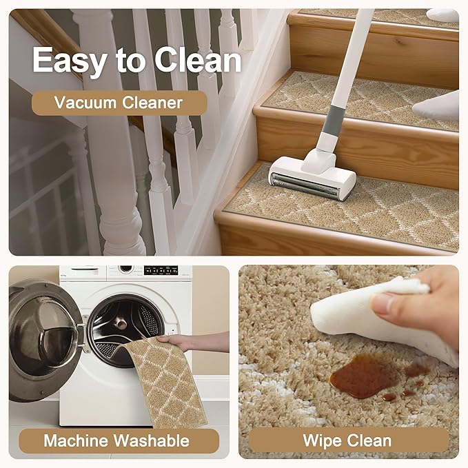 Non Slip Microfiber Stair Treads for Wooden Steps, 15PCS 8"x30" Indoor Safety Carpet, 3D Cut & Loop Tufted Edging Mats with TPE Adhesive Backing, Pet & Elderly Friendly Stair Rugs (Tan/White)