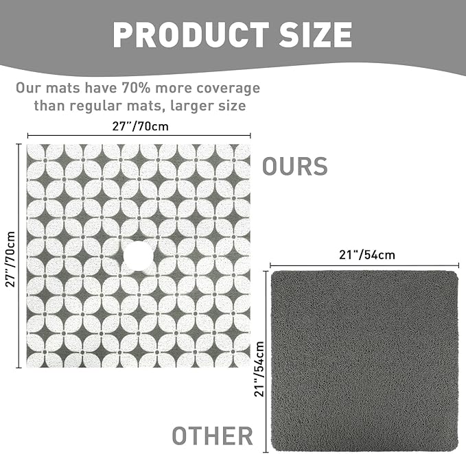 Square Shower Mat Non Slip: 27 x 27 Inch Extra Large Shower Mats with Drain Hole in Middle - PVC Loofah Anti Slip Shower Floor Matt for Inside Shower