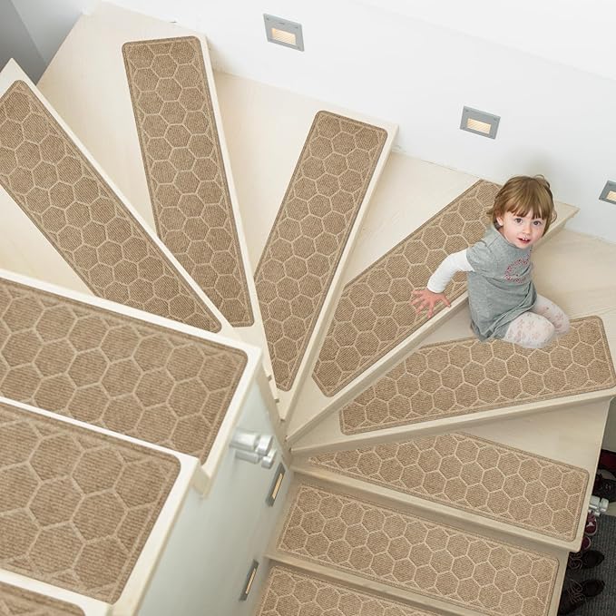 15 Pack 8 "X 30" Non-Slip Carpet Stair Treads for Indoor Wooden Steps, Made of Polyester and Reusable Adhesive, Suitable for Kids Elders and Pets（Beige Hexagon）