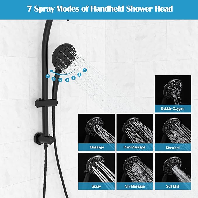 Lordear Rain Shower Head with Handheld Spray 7 Functions 3-Way Water Diverter Double Rain Hotel Spa Dual Bathroom Rain Shower Head Combo, Adjustable Sliding Bar,Black