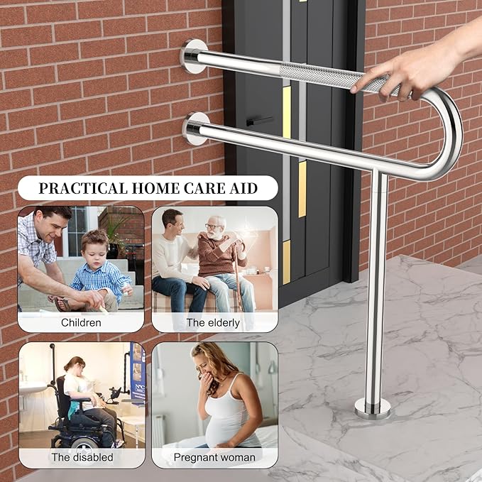 Toilet Support Rail 31.3X 31.5 Inch, Munzong Anti-Slip Chrome Handicap Grab Bar for Bathroom, Stainless Steel Knurled Safety handrails with Leg for Elderly Disabled Pregnant-1.25’Tube