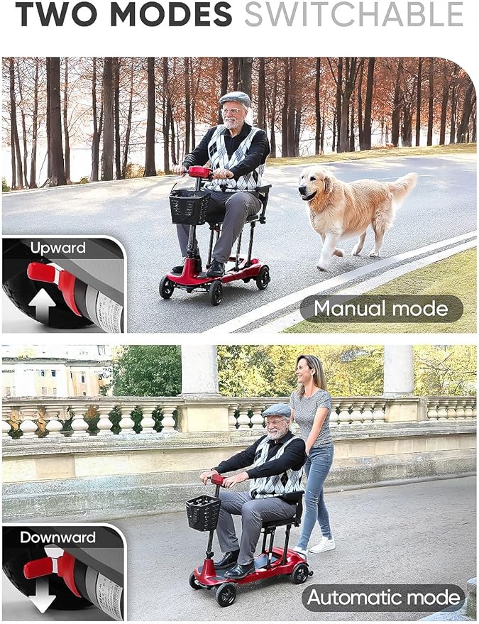 Mobility Scooters for Adults & Seniors - Ultra Lightweight 27.5 lbs Carbon Fiber Folding Electric Scooter - Airlines Approved All-Terrain Portable Scooter with Basket and Charger Included-Red