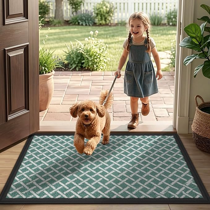 LUMI Front Door Mat 17x30, Low-Profile Non-Slip Welcome Mat for Indoor Outdoor, Stain & Fade Resistant Geometric Door Mat for Entryway Patio Porch, Grid-Teal
