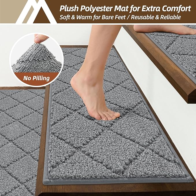 COSY HOMEER Stair Treads for Wooden Steps 9"x28" Washable Indoor Carpet Stair Treads Non Slip Soft Polyester Stair Carpet Tread Reusable Stair Runner Rugs for Kids, Elders,Pets,Medium Grey,15pcs