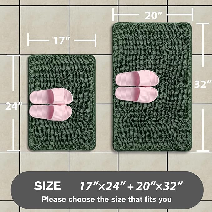 Dark Green Bathroom Rugs Sets 2 Piece – Absorbent and Washable Bath Mat, Non-Slip, Thick Soft Chenille Bath Rugs for Bathroom Floor, Shower, Sink - 17" x 24"+20" x 32"