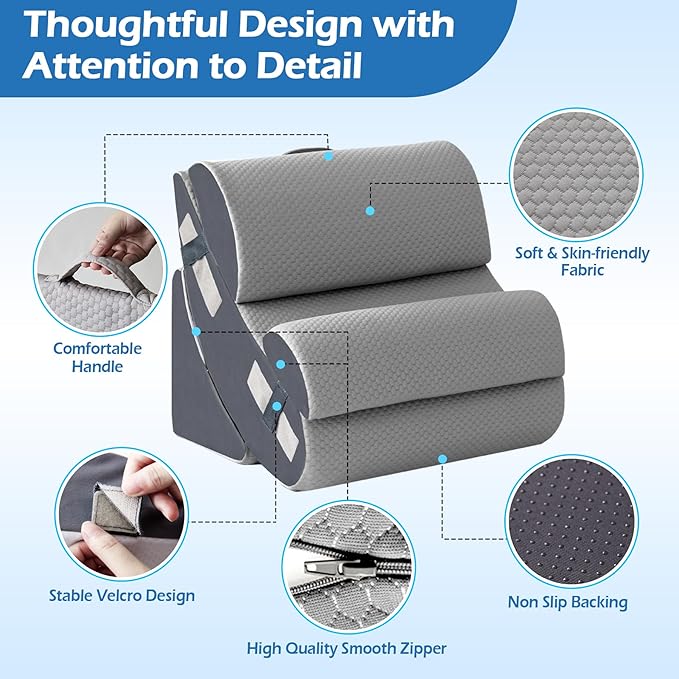 Ahpmeoa 6PCS Orthopedic Bed Wedge Pillow Set for Sitting up in Bed, Memory Foam Post Surgery Pillow for Back Pain Relief, Back Support Pillow for Acid Reflux Relief, GERD, Anti Snoring (Grey)