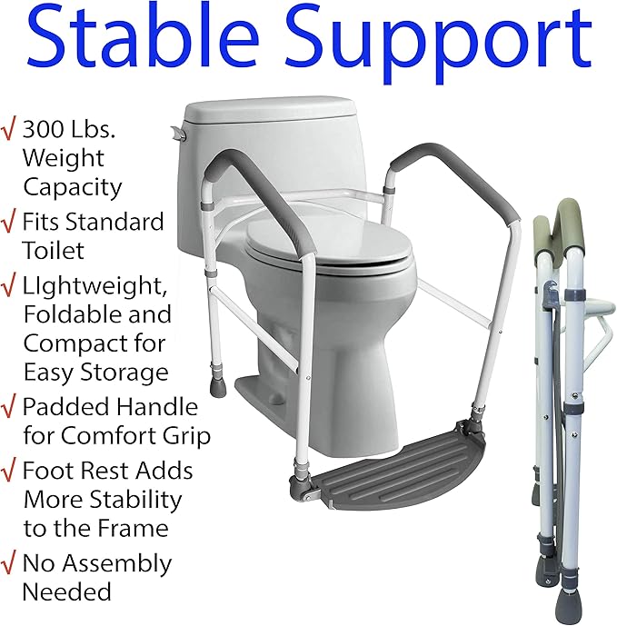 RMS Toilet Safety Frame & Rail - Folding & Portable Bathroom Toilet Safety Rails - Handrail Toilet Bars with Adjustable Height (White)