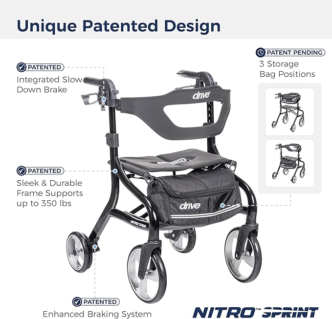 Drive Medical Nitro Sprint Foldable Rollator Walker with Seat - Lightweight Support - Large Wheels - Compact Folding Design - Adjustable Comfort - Standard Size - Black