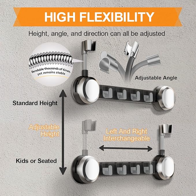 Shower Head Holder Suction Cup with 4 Hanger Hook Wall Mount - 2 in 1 Design - No-Drill Strong Adhesive Shower Wand Bracket - Adjustable Handheld Shower Head Mount - Removable and Rust-Resistant