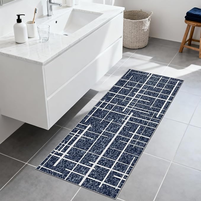 Washable Runner Rug 2x6, Blue Modern Distressed Stripe, Hallway Runner Rug Non Slip, Woven Thin No Shed Runners for Entryway, Kitchen, Laundry Room- Blue