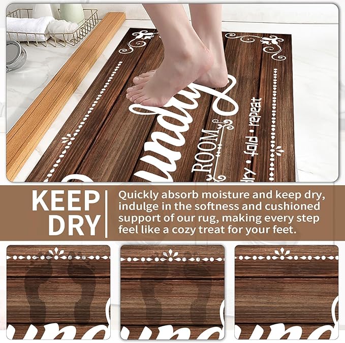 XLHOMO Laundry Room Rug Runner, 17.7"x45" Non Slip Brown Laundry Rugs, Farmhouse Washable Floor Laundry Mats for Laundry Room, Mudroom, Kitchen, Washroom, Bathroom, Hallway Entryway Area Rugs Decor