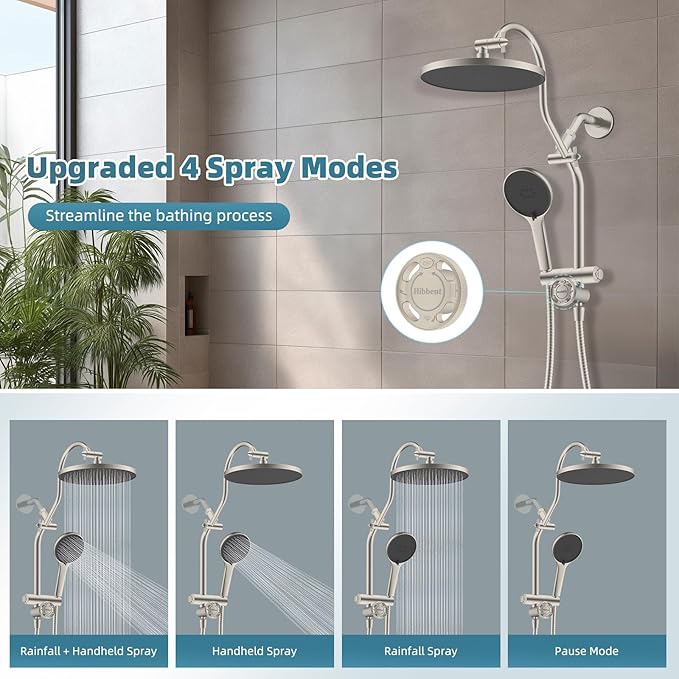 Hibbent cUPC Certified Self-cleaning Shower Head Combo, High Pressure 10'' Rain Showerhead with 3-Spray Handheld, All Metal Arm with Easy Reach 4-way Diverter, 71" Hose & Holder, Brushed Nickel