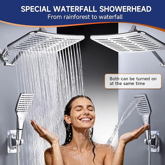 XXL 12.2" Rain Shower Head with Handheld Spray Combo, High Pressure Rainfall Shower Head, Height Adjustable Dual Shower Head, Luxury Waterfall Showerhead Bathroom