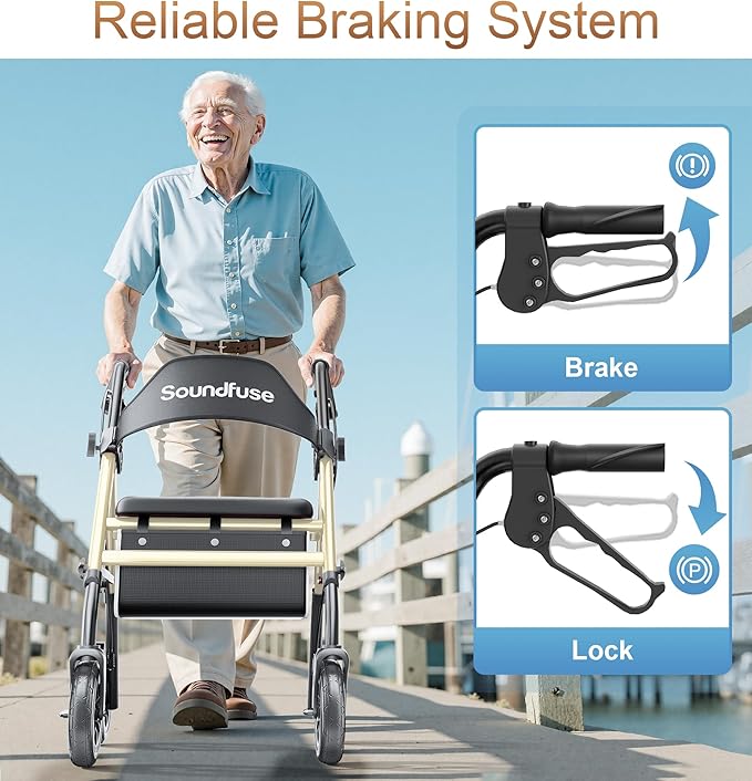 SOUNDFUSE Rollator Walkers for Seniors with Seat, Foldable Lightweight Rolling Walker with 8" Big PU Wheels, Ergonomic Seat, Dual Height Adjustment