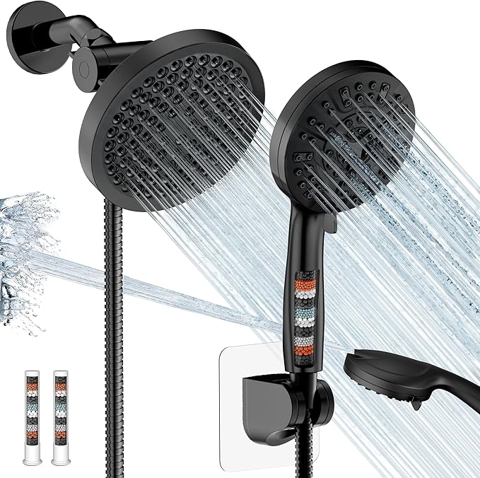 Filtered Shower Head with Handheld Spray Combo,High Pressure Rain Shower Heads,Double Dual Shower Head 10 Spray Modes,Detachable Showerhead 78 Inch Hose,Black