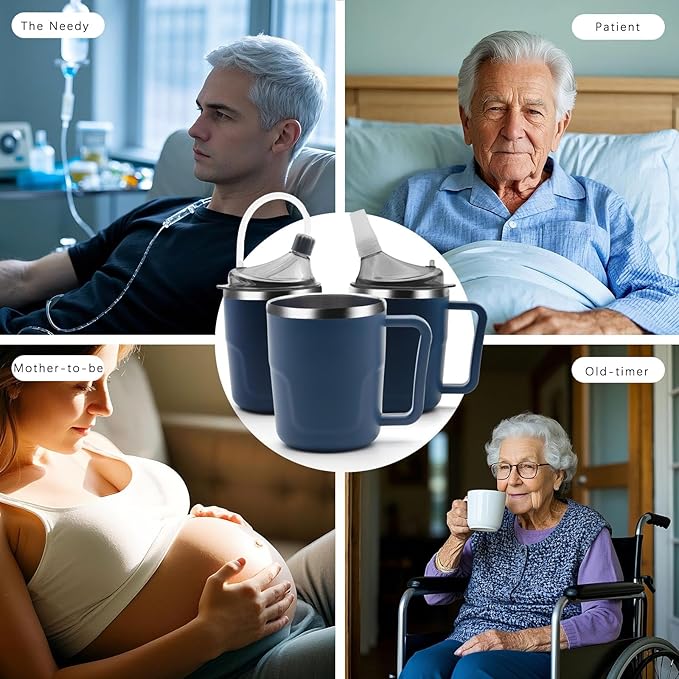 Adult Spill Proof Cup for Elderly, 3 in 1 Stainless Steel Sippy Cup with Straw and 2 Lids, Suitable for Seniors Disabled Patients Limited Mobility, 14 OZ