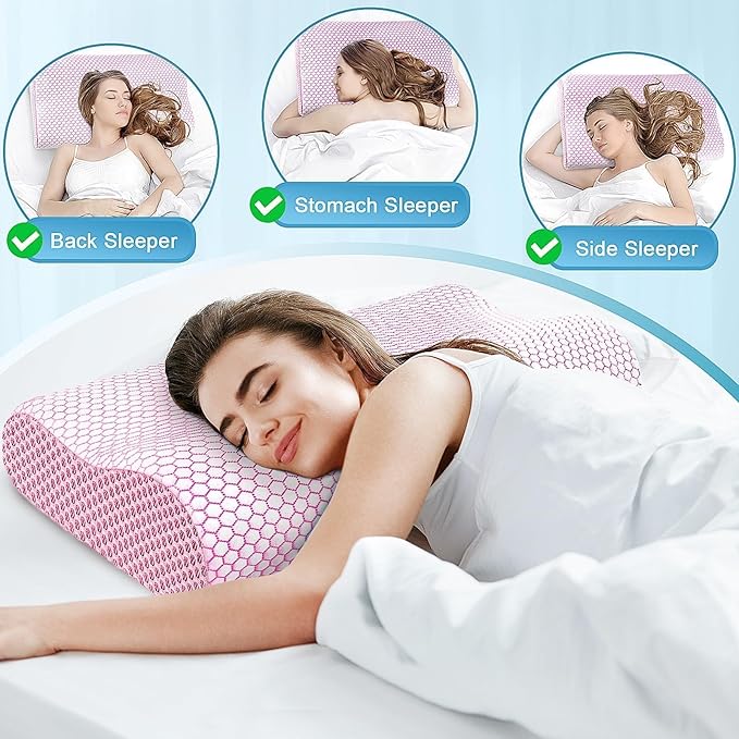CloudBliss Memory Foam Pillow, Ergonomic Neck Contour Cervical Pillow for Back and Shoulder Pain, Orthopedic Pillow for Neck Pain Relief, for Sleeping Side, Back, Stomach Sleepers - Pink, Queen
