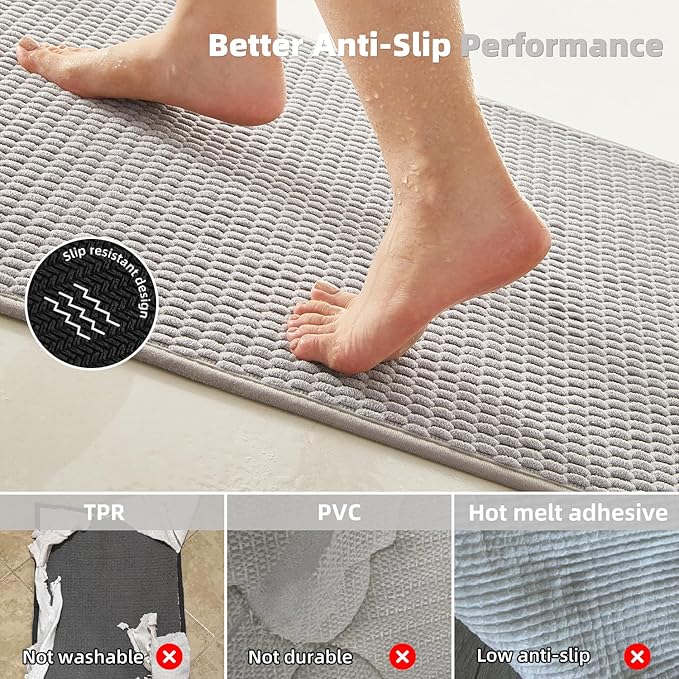 TYUU Bathroom Runner Rugs, Long Bath Mat Runner Washable Thin Quick Dry Low Pile Bathroom Runner Rugs Non Slip, Light Grey 24"x70"