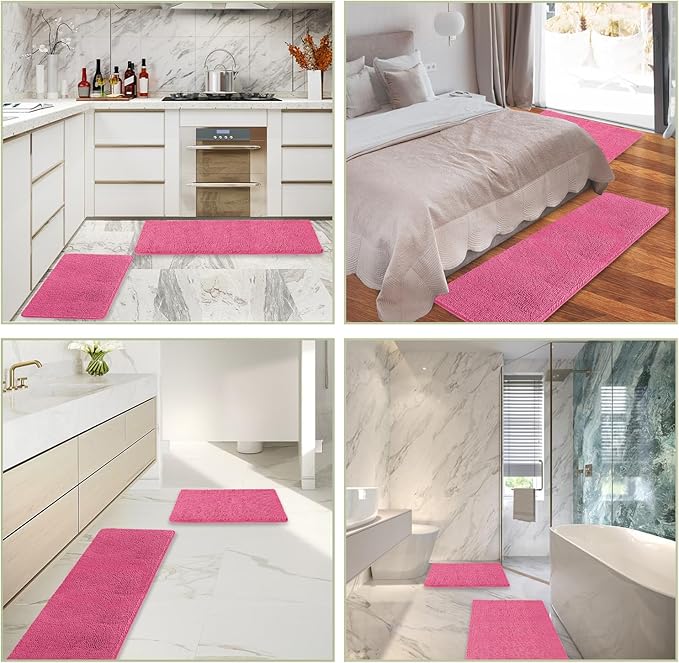 Bathroom Rugs Sets 2 Piece – Absorbent and Washable Bath Mat, Non-Slip, Thick Soft Chenille Bath Rugs for Bathroom Floor, Shower, Sink(17" x 24"+17" x 47", Hot Pink)