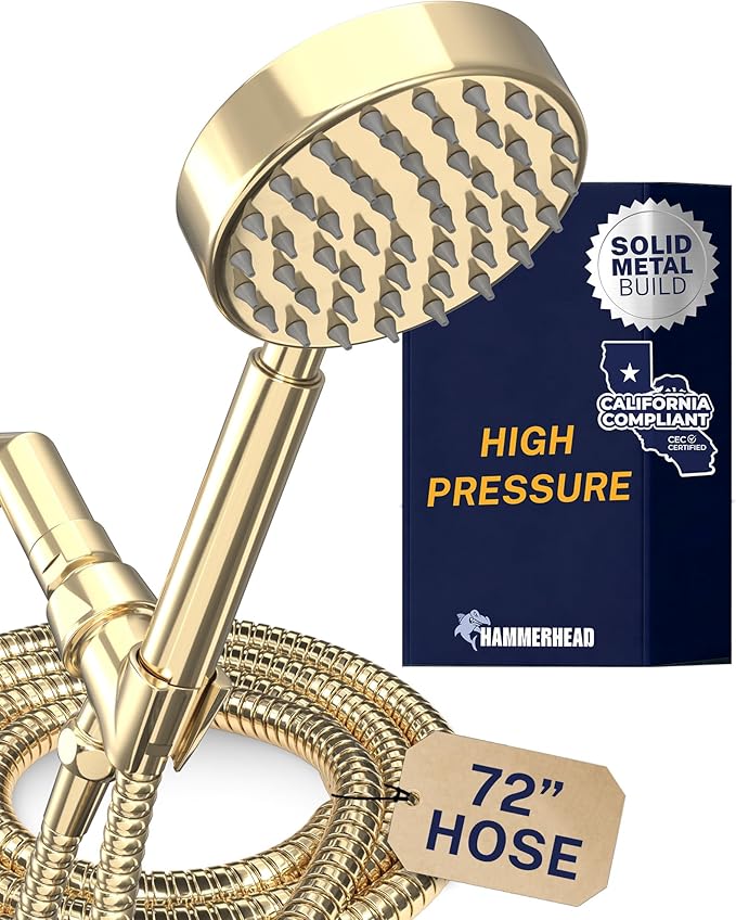 HammerHead Showers® Solid Metal LOW FLOW Handheld Shower Head with Hose and Brass Holder - POLISHED BRASS – Water Saving 1.75 GPM Detachable Shower Head - Adjustable Shower Wand Bracket & 6ft Hose
