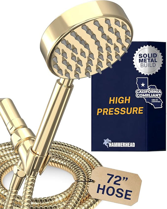 HammerHead Showers® Solid Metal LOW FLOW Handheld Shower Head with Hose and Brass Holder - POLISHED BRASS – Water Saving 1.75 GPM Detachable Shower Head - Adjustable Shower Wand Bracket & 6ft Hose