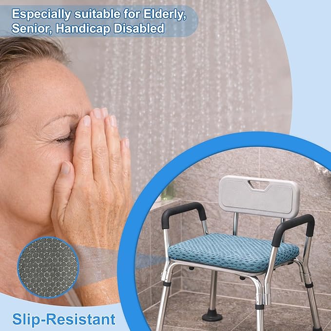 SPRING SEAON Shower Chair Cushion, Gel Shower Seat Cushion with Non-Slip Silicone Bottom, Quick-Dry Mesh Bath Seat Pad, Soft Washable Shower Bench Cushion for Seniors & Adults (Blue)