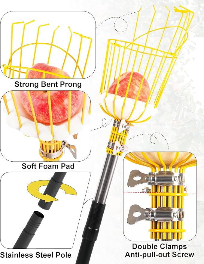 9FT Fruit Picker with Basket, Apple Picking Tool 35–105 Inch Adjustable Pole, Long-Handle Mango Grabber, Tree Fruit Catcher for Harvesting Lemon Pear Orange Avocado Peach Citrus Grapefruit