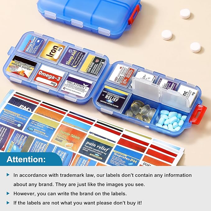 14 Grids Travel Pill Organizer Box with 415-Pcs Medicine Name Labels - Pocket Daily Pharmacy Case Container Kit - Travel Medication Holder Dispenser for Fish Oil Vitamin Supplement Storage -Clear Blue
