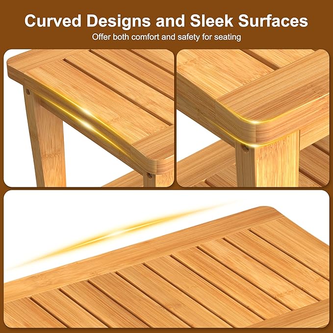 Large Bamboo Shower Bench Stool with Storage Shelf Waterproof Shower Chair Spa Bath Seat Shower Stool for Inside Shower Bathroom Bench Seat for Adults Elderly Seniors Bathroom Gadget 2024