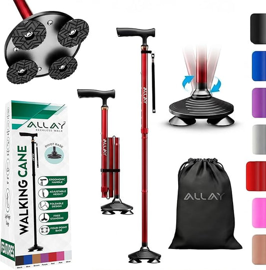 Allay Walking Canes for Men & Women - Adjustable Canes for Women for Stability, Self Standing Wide Quad Pivot Base, Light Weight, Soft Handle Grip and Travel Bag, Walking Sticks for Seniors & Adults