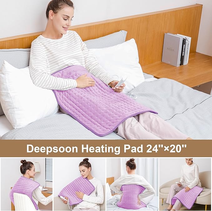 Deepsoon Heating Pad,Electric Heating Pads for Back,Neck,Moist Heating Pad for Abdomen Shoulder Knee Legs,Dry/Moist Heat&Auto Shut Off,Mother's Day Birthday for Men and Women,Light Purple,24x20 Inch