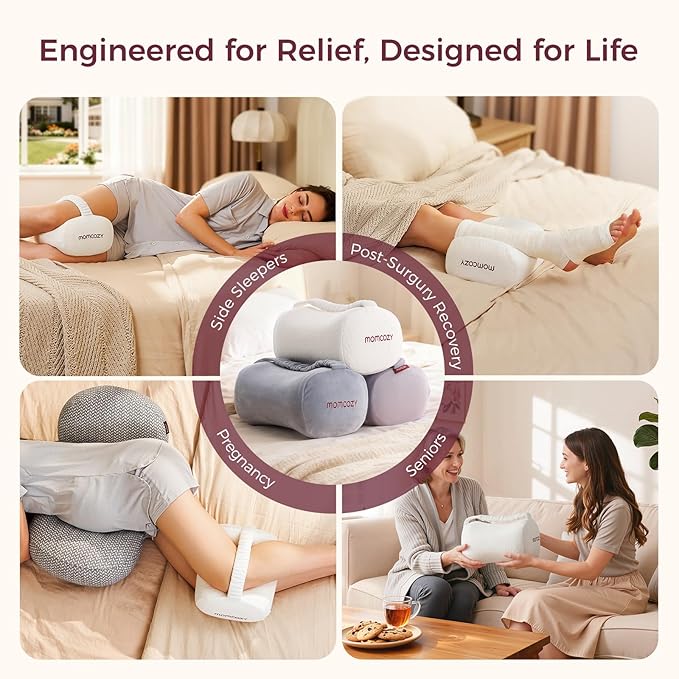 Momcozy Knee Pillow for Side Sleepers, Soft Memory Foam & Pinch-Free Design, Relieve Knee, Leg and Sciatica Pain, Adjustable Elastic Strap Ideal for Pregnant Women and Seniors, White