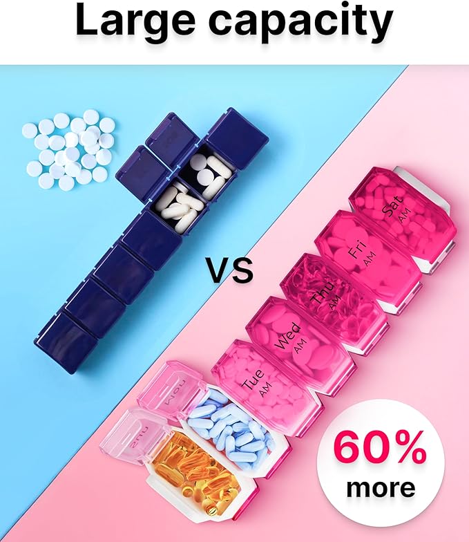 BEXEEN Extra Large Pill Organizer 2 Times a Day, XL Pill Box 7 Day with Big AM/PM Compartments, Fits Large Vitamins, Supplements & Gummies, for 7 or 14-Day Use, Color-Coded, Senior-Friendly, No Spills