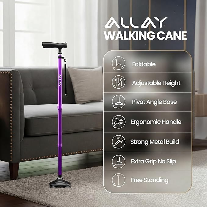 Allay Walking Canes for Men & Women - Adjustable Canes for Women for Stability, Self Standing Wide Quad Pivot Base, Light Weight, Soft Handle Grip and Travel Bag, Walking Sticks for Seniors & Adults