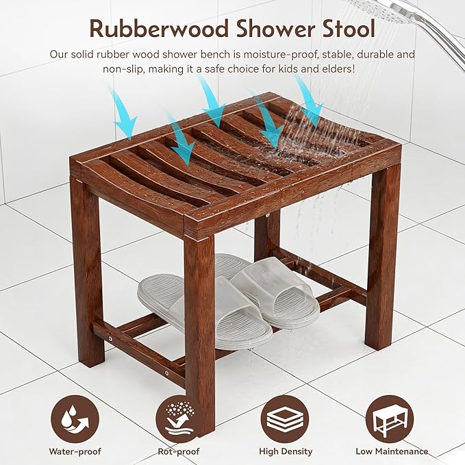 Rubber Wood Shower Bench, Non-Slip Waterproof Wooden Shower Stool for Adults & Elderly, Sturdy Bath Seat for Inside Shower or Tub – 20.08" D x 14.96" H x 6.3" W