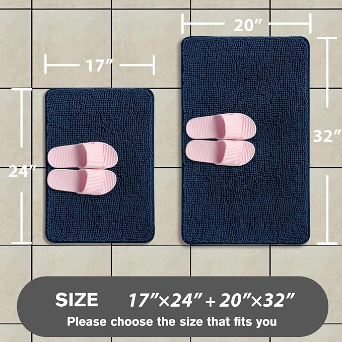 Navy Blue Bathroom Rugs Sets 2 Piece – Absorbent and Washable Bath Mat, Non-Slip, Thick Soft Chenille Bath Rugs for Bathroom Floor, Shower, Sink - 17" x 24"+20" x 32"