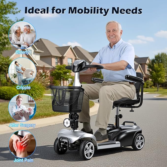 4-Wheel Foldable Electric Scooter for Adults | Long Range Mobility Scooter with Basket, Charger & Compact Heavy Duty Mobile for Travel with 330lb Capacity, Outdoor Use (Silver)