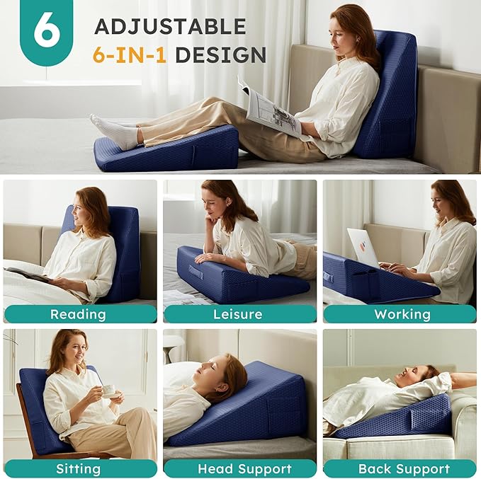 Bedluxe Wedge Pillow, 12 inch Bed Wedge Pillow for Headboard, Pillow Wedge for Acid Reflux Relief, Sleeping, After Surgery, Snoring, Gerd, Triangle Pillow Wedge - Cooling Memory Foam Top, Navy
