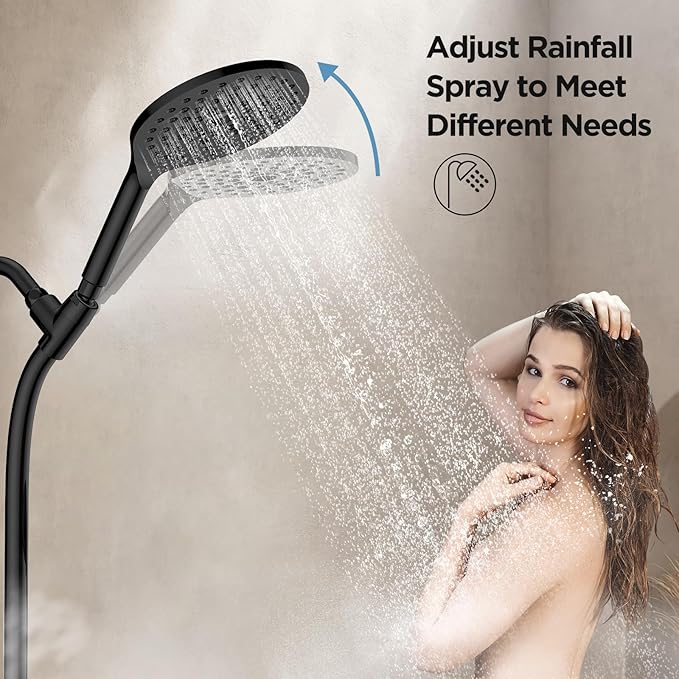 MakeFit Drill-free Dual Shower Head with Handheld Combo Rainfall Shower Head Easy Reach 3-way Diverter Stainless Steel Slide Bar with Height Adjustable Holder Adjustable Rain Showerhead (Black)