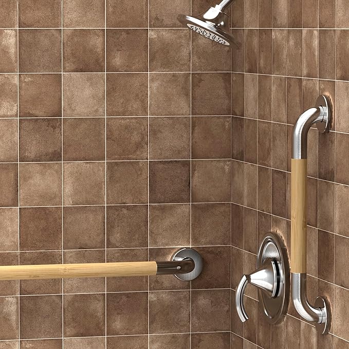 Safety Grab Bar for Bathroom & Toilet, Natural Bamboo Handle, ADA Compliant Balance Assist Handrail for Handicap and Seniors, 18in Brushed Nickel