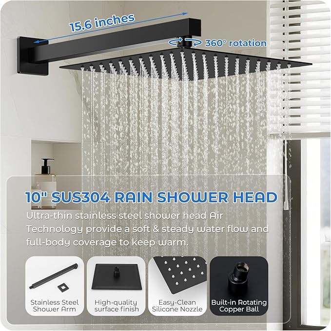 Black Shower Faucet Set, 10 inch Rain Shower System with Pressure Balance Valve, Wall Mounted 2-Functions Bathroom Shower Systems with Rain Shower and Handheld Spray Shower Trim Included