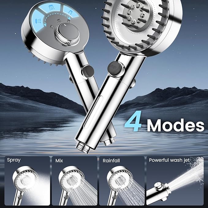 PWERAN Filtered Shower Head with Handheld, High Pressure 4 Spray Mode Showerhead with Filters, Water Softener Beads for Hard Water with ON/OFF Switch for Pets - Remove Chlorine (Chrome, 5 Inch Panel)