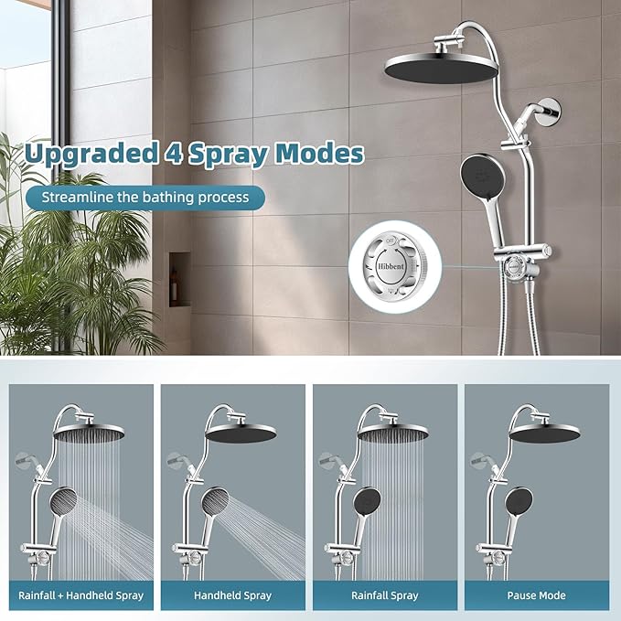 Hibbent Upgraded cUPC Certified Self-cleaning Shower Head Combo, High Pressure 10'' Rain Showerhead with 3-Spray Handheld, All Metal Arm with Easy Reach 4-way Diverter, 71" Hose & Holder, Chrome