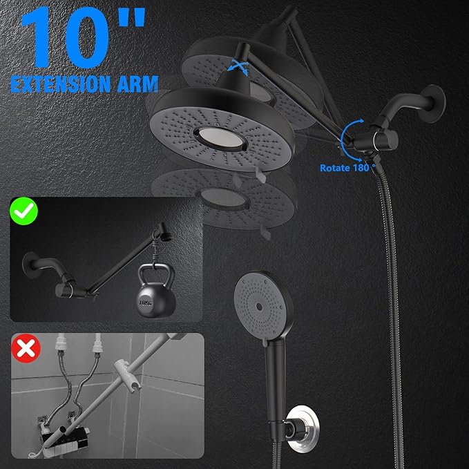 Dual Filtered Shower Head, 8 Inch 3 Spray Mode High Pressure Rainfall Showerhead with Handheld Combo, 10 Inch Adjustable Extension Arm and 60" Hose, Shower Head Filter for Hard Water, Black