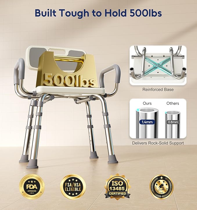 Bluelog Shower Chair for Inside Shower with Arms and Back, 500lbs Capacity Height Adjustable Shower Seat with Thickened Frame for Seniors, Elderly and Disabled