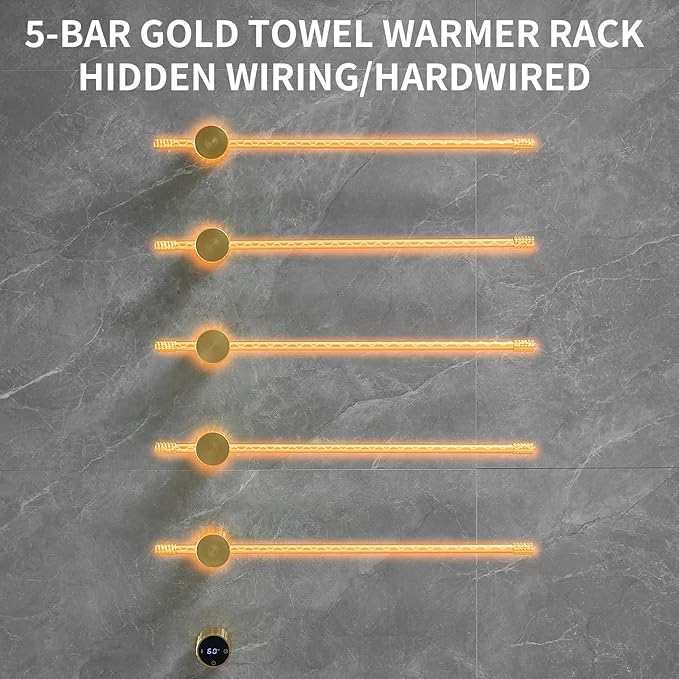 Towel Warmer Rack, Gold 5-Bar Aluminum Alloy, Heated Towel Rack for Bathroom, Hidden wiring/Support Hardwired Heated Towel Rail, With Timer and Temperature Adjustment, Overheat Protection Function
