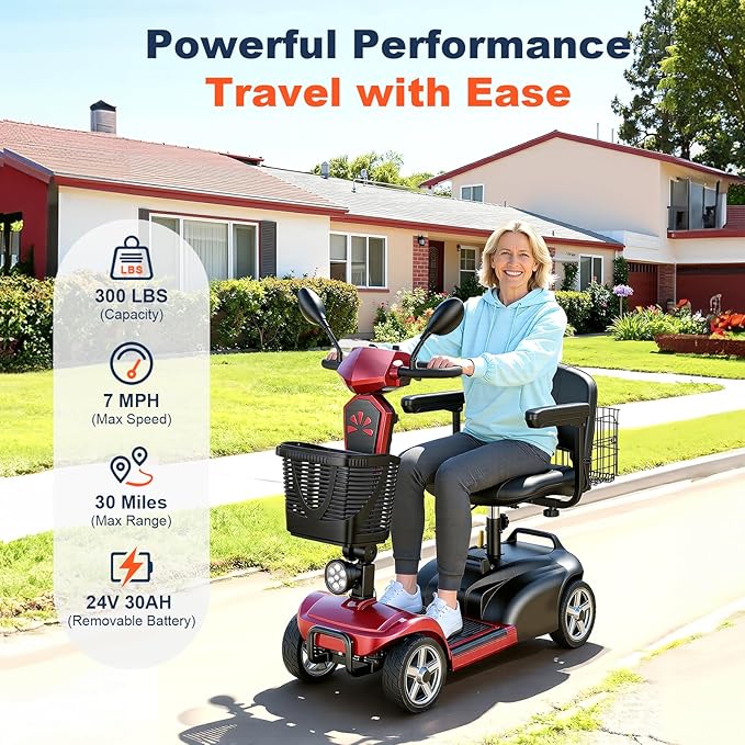 15/25/30/50Miles Eldryvon 4 Wheels Electric Mobility Scooter for Seniors, Dual Basket, 350W Powered Wheelchair with Rotating Seat, Mirrors, Foldable Motorized Scooter for Adults (Red, 30Miles)