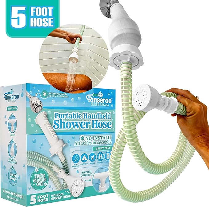Rinseroo: Slip-On Handheld Shower Attachment Hose w/Spray Head-for Seated Bathing. Converts Fixed Shower Head into Handheld Bather. Portable, No-Install Shower Hose Wand for Seniors, RV. Gravity fed.