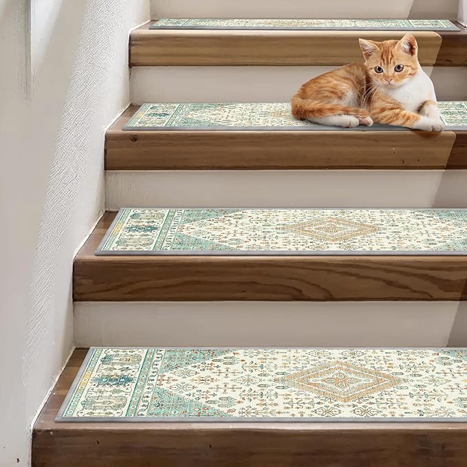 sarben Non Slip Stair Treads for Wooden Steps 15PCS - 8"x30" Indoor Safety Carpet, Edging Mats with TPE Adhesive Backing, Pet and Elderly Friendly Stair Rugs (Green&Ivory)